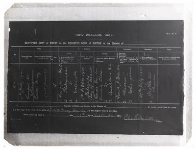 Glass plate negative of birth certificate for Edith Mary Denton, born 4 July 1901