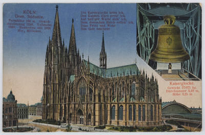 Coloured postcard of Cologne Cathedral, to Edith Collier from cousin Jim.