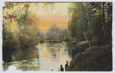 A coloured postcard of a river at sunset to Edith Collier from Isa.