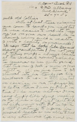 Charlie Ayliff; Letter from (Charlie?) Ayliff to Edith Collier; 25 Jul 1954; A2015/1/289