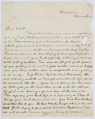 Emma Parkes; Letter to EMC written by her NZ Grandmother Emma Mary Parkes, dated 23 February 1914.; 23 Feb 1914; A2015/1/326