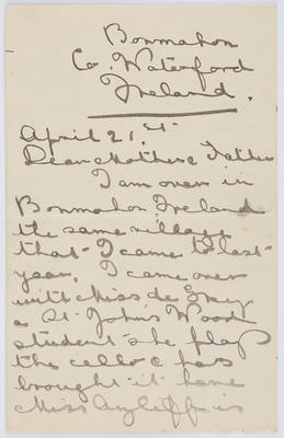 Edith Collier; Letter written by EMC to her mother Eliza Collier and her father Henry Collier 21 April.; A2015/1/336