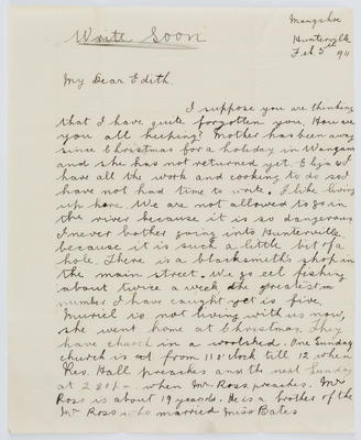Bella Livingston; Letter from Bella Livingston to Edith Collier, dated 5 Feb 1911; 05 Feb 1911; A2015/1/390