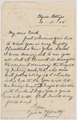 Fanny [Unknown]; Letter written by Fanny [surname unknown] to Edith Collier.; 10 Nov 1925; A2015/1/538