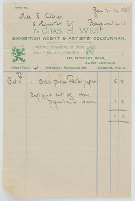 Charles H. West Ltd; Order form for Edith Collier from Chas H. West for pastel paper; 31 Jan 1922; A2015/1/580