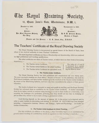 The Royal Drawing Society; The Royal Drawing Society Teachers Certificate Prospectus and Application Form; 1922; A2015/1/589