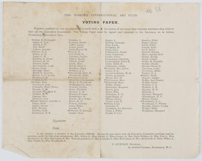 Women's International Art Club; Voting Paper for Women's International Art Club; Circa 1920; A2015/1/594