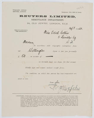 Reuters Limited; Remittance from Reuters Ltd to Edith Collier; 14 Jul 1920; A2015/1/600