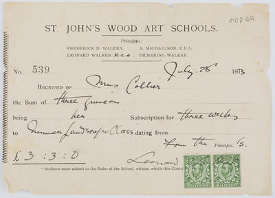 St John's Wood Art Schools; Receipt to Edith Collier from St John's Wood Art School; 28 Jul 1913; A2015/1/605