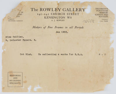The Rowley Gallery; Receipt from The Rowley Gallery to Edith Collier; Jan 1922; A2015/1/614