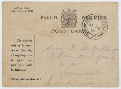 Reg Collier; Field Service Postcard; 09 Feb 1918; A2015/1/621