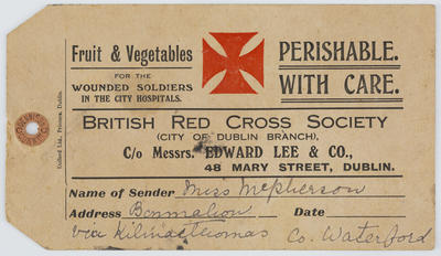 Red Cross Bureau of Information; British Red Cross delivery tag for Fruit & Vegetables for the wounded soldiers sent by Miss Macpherson; 09 Sep 1918; A2015/1/638