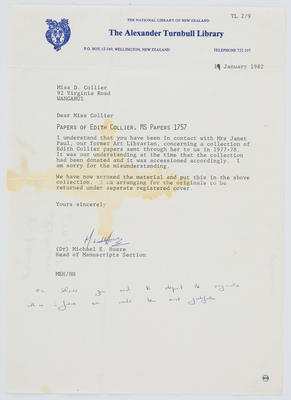 Alexander Turnbull Library; Michael Hoare; Letter from The Alexander Turnbull Library to Miss Dorothy Collier regarding the Papers of Edith Collier, MS Papers 1757; 19 Jan 1982; A2015/1/642
