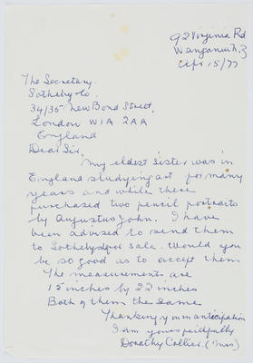 Dolly Collier; Letter from Dorothy Collier to The Secretary of Sothebys Co. in London; 15 Apr 1977; A2015/1/643