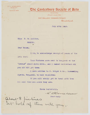 The Canterbury Society of Arts; G. L. Donaldson; Letter from The Canterbury Society of Arts to Edith Collier; 25 Jul 1928; A2015/1/644