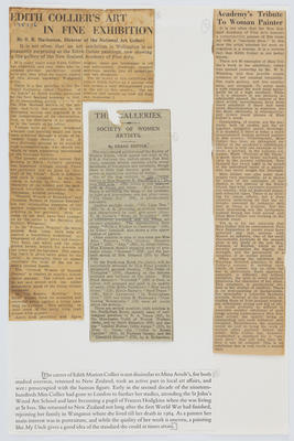 Page of newspaper clippings of reviews of exhibitions in which Edith Collier exhibited