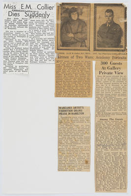 Various newspaper clippings from Whanganui and NZ newspapers regarding Edith Collier