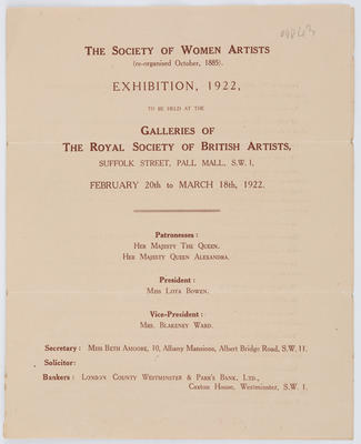 The Society of Women Artists; Exhibition Entry Form for The Society of Women Artists exhibition 1922; 1922; A2015/1/599